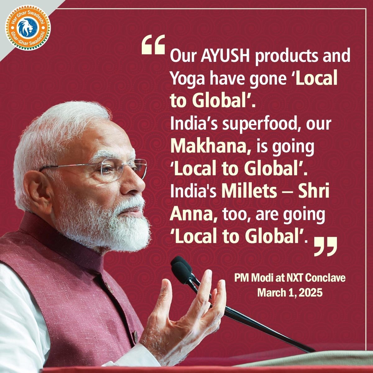 Be it AYUSH, Yoga, Makhana or Shri Anna...
the world is embracing what India has always known — our traditions, our food, our way of life.

#GharGharSwadeshi