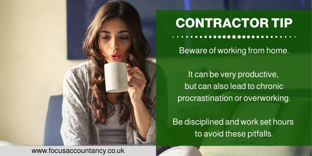 FocusBristol's tweet image. #contractortip - Working from home for a few days can be very productive, but long term working from home can lead to chronic procrastination or overworking. Be disciplined and work set hours to avoid these pitfalls. focusaccountancy.co.uk #accountingandaccountants