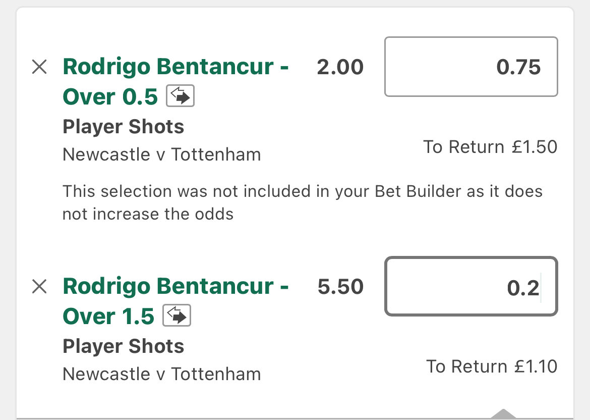 Newcastle vs Tottenham: 

Bentancur shots(PL and EFL Cup): 2,2,1,1,4,0,0,0,0 - 1.19 P90

0.75u,0.25u🫡
Powered by <a href="/StatsHubCom/">StatsHub.com</a>