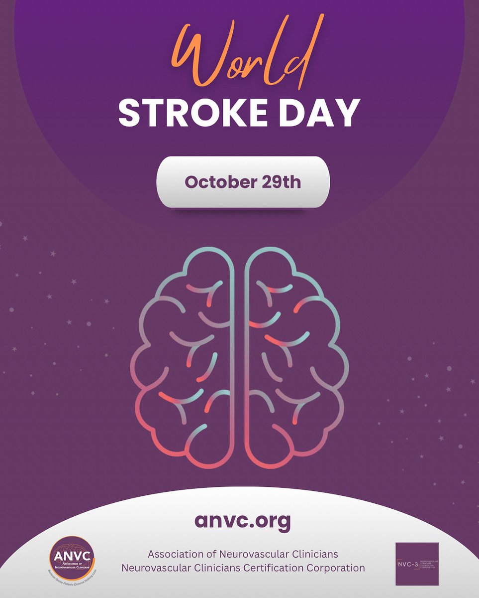 Today is #WorldStrokeDay! How are you spreading awareness?
#strokeawareness #strokeprevention #becausestrokepatientsdeservenothingless #ANVC25 anvc.org
<a href="/ANVC__/">Association of Neurovascular Clinicians</a> <a href="/NVC3Stroke/">Neurovascular Clinicians Certification Corporation</a>