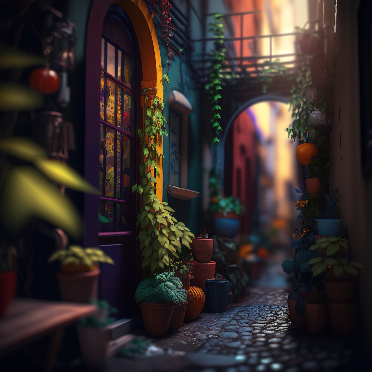 NoBanksNearby's tweet image. 3:49 PM. That golden light spilling into this vibrant alley? It&apos;s an invitation. Deep purples, rich greens, and sun-kissed terracotta demand you pause. Every detail in this hidden corner begs to be seen, truly seen, right now. Don&apos;t scroll past this minute.

#ProgrammableArt…