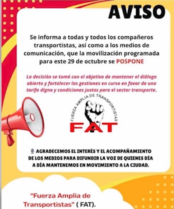 El Frente Amplio de Transportistas pospone el paro que estaba previsto para hoy en el Valle de México. Dice que emprenderá negociaciones con el gobierno.