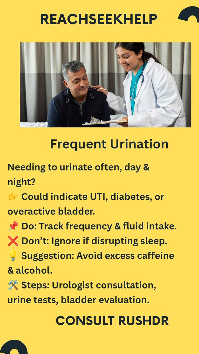 ReachSeekHelp's tweet image. Frequent urination? It may signal infection or diabetes. Don’t ignore it.
Consult a doctor anytime on @rushdr @reachseekhelp
👉 Download RUSHDR: play.google.com/store/apps/det…
#FrequentUrination #UTISymptoms #KidneyHealth #BladderHealth #ConsultOnline @RUSHDR @ReachSeekHelp