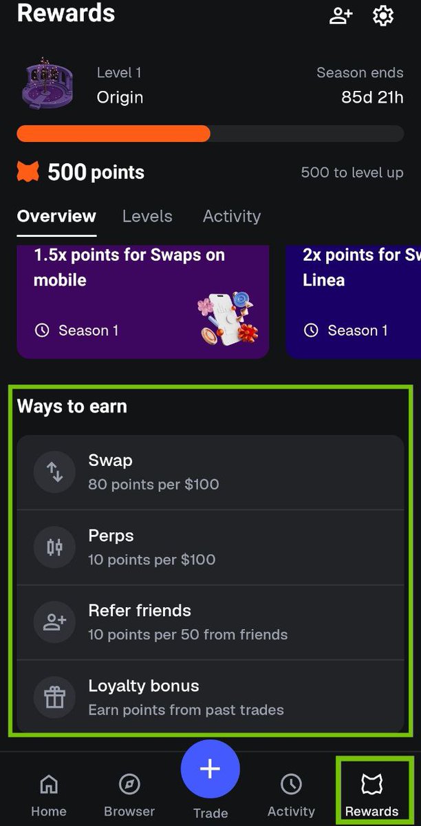 🦊Claim Your <a href="/MetaMask/">MetaMask 🦊</a> Points ~ Don't Miss!

📆 Season 1 Ends in 85 days
🎁 $30M in $LINEA rewards for both OGs and new users
💎 Eligible if you’ve got 1K+ Points
🪙Earn Points For Every Swap &amp; Perps Trade

👉Update Your MetaMask Mobile App: link.metamask.io/rewards?referr…
🔹Open