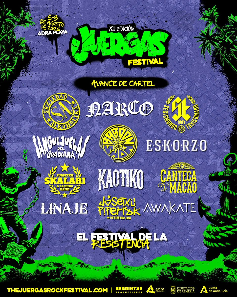 Primer gran avance de cartel para el The Juergas Rock Festival para celebrar su XIII edición del 5 al 8 de agosto en Adra.