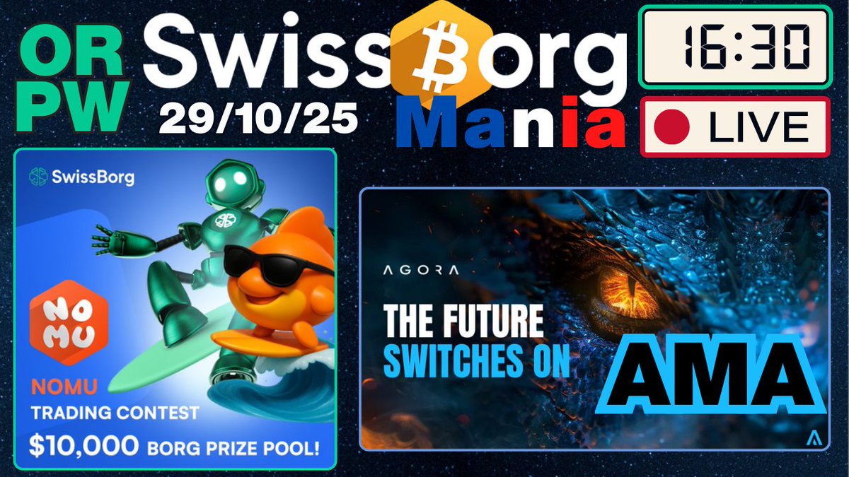 ORPW - L'actu de l'écosystème @SwissBorg 💚
Émission en direct à partir de 16h30

1) #SwissBorg Liste #x402 + Events
2) $NOMU x8 au TGE = Alpha Success + la suite <a href="/EatwithNomu/">Nomu</a> 🐠
3) AMA avec <a href="/AgoraHub_io/">Agora - Web3's Opportunity Arena</a> 🐲
4) Teasing Interview <a href="/XBorgHQ/">XBorg</a> 👀 Jeudi à 16h30

youtube.com/live/fdhOF8v9j…