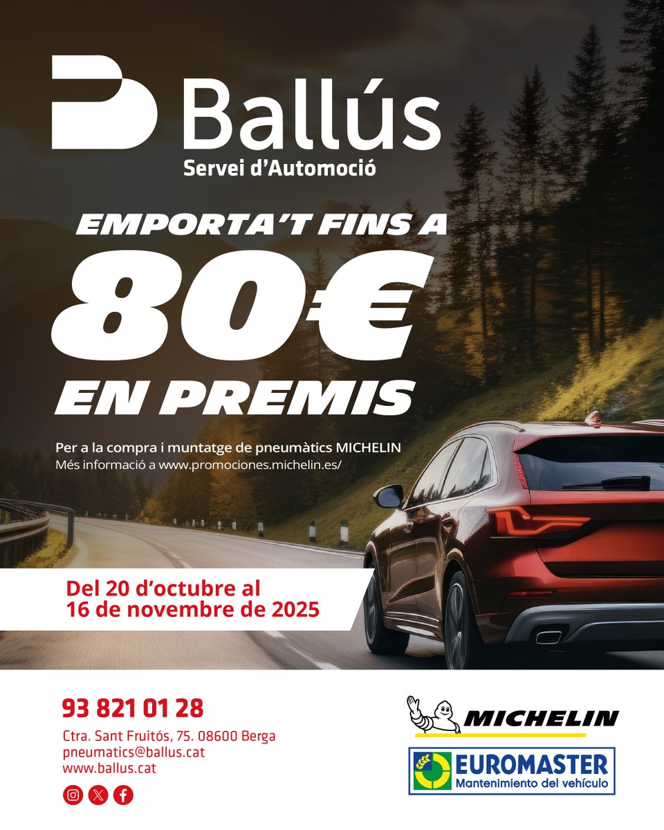 BallusBerga's tweet photo. Emporta't regals amb el canvi de pneumàtics 🎁

💰 80€ en premis
🚙 Per a la compra i muntatge de pneumàtic MICHELIN
📆 Del 20/10 al 16/11 de 2025

Demana les condicions a:
⚙️Taller Euromaster Ballús
📍Entrada sud de Berga
📞938 21 01 28
O consulta a https://t.co/pPUHKlOTnP https://t.co/4bQUFqkgQA