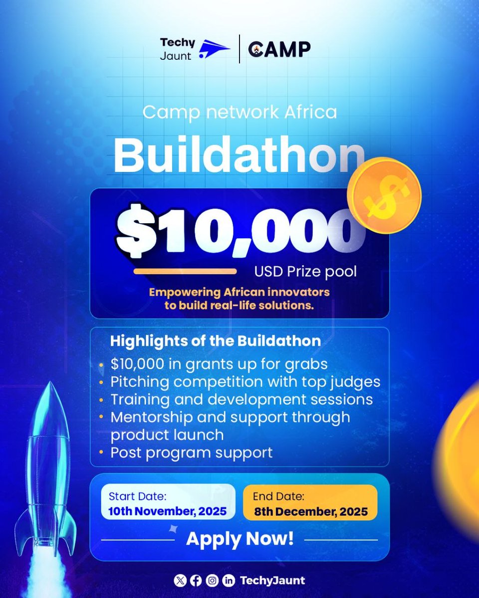 TechyJaunt's tweet image. Techyjaunt is proud to announce the $10,000 Buildathon in collaboration with @campnetworkxyz! 

Highlights of the buildathon:

- $10,000 in grants up for grabs
- Pitching competition with top judges
- ⁠Training and development sessions
- Mentorship and product support pre-launch…