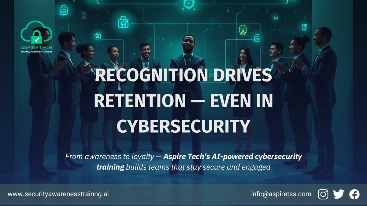 Aspire__SAT's tweet image. Recognition isn’t just good leadership — it’s good security
When teams feel valued, they stay vigilant 🔒💼
Download Security Awareness Free Toolkits: securityawarenesstraining.ai/resources/cybe…
#securityawarnessmonth #securityawareness #aspiretech #cybersecurity #CybersecurityAwareness
#InfoSec