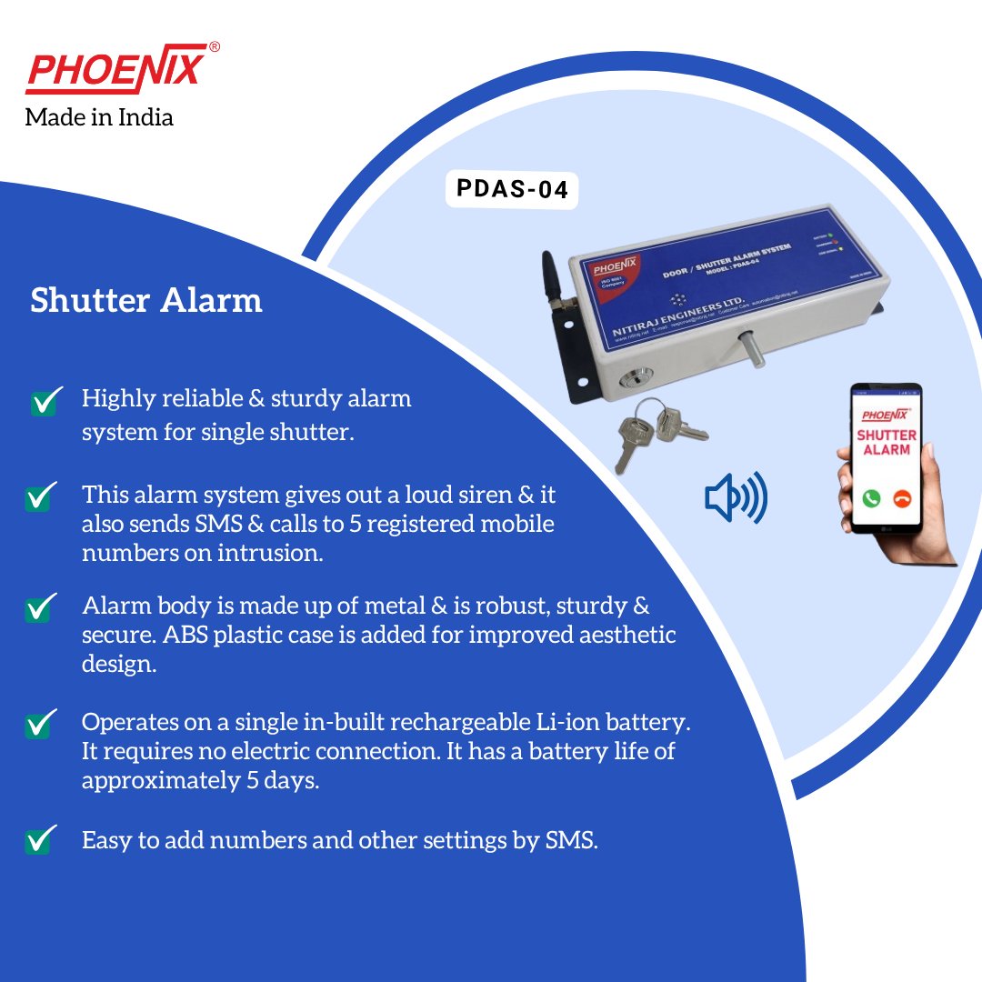 Phoenix_Nitiraj's tweet image. Protect your shutter with smart technology!
GSM Shutter Alarm PDAS-04 – alerts you instantly via call &amp;amp; SMS.

For more details visit, nitiraj.net/product/pdas-0… 
#GSMAlarm #ShutterAlarm 
 #NitirajEngineers    #MadeInIndia