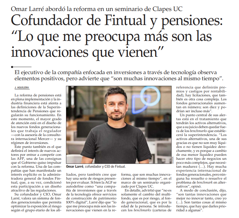 [NOTA <a href="/__elmercurio/">El Mercurio</a>] En nuestro webinar "Fondos Generacionales 2025: Lecciones Aprendidas y Desafíos Pendientes", el cofundador de <a href="/fintual/">Fintual</a>, <a href="/omarlarre/">Omar Larré 💻☕🌱🇨🇱🇲🇽🌎</a> advirtió que la reforma de #pensiones introduce demasiadas innovaciones simultáneas, lo que genera complejidad y riesgos.