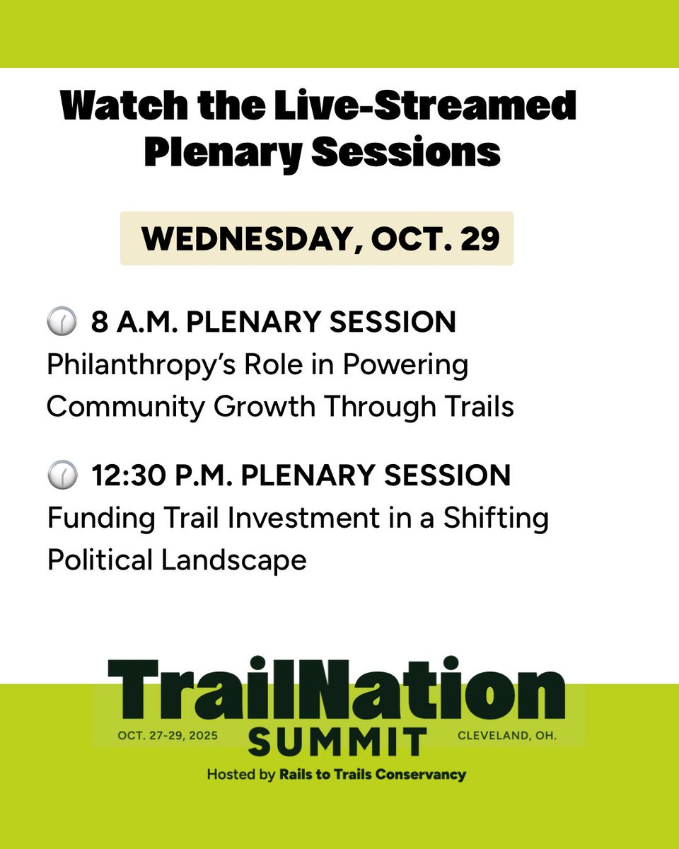 railstotrails's tweet image. We’re kicking off Day 3 of our #TrailNation Summit! Be a part of this event designed to move forward trail networks by joining us for today’s live-streamed plenary sessions. Watch them on our Facebook Page or at RailsToTrails.org/Summit.