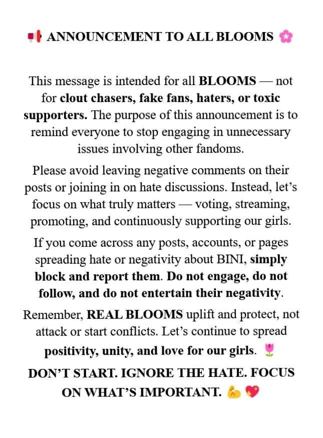 CoffeeMikhs's tweet photo. 🚨 CALLING ALL BLOOMS! 🚨

Blooms, let’s stay focused and united as one fandom. Avoid getting involved in others’ issues—our energy belongs to streaming, voting, and promoting BINI. Let’s work together and lift our girls higher.

Check comment after.

#BINI #BLOOMS https://t.co/aM7UWSqSLr