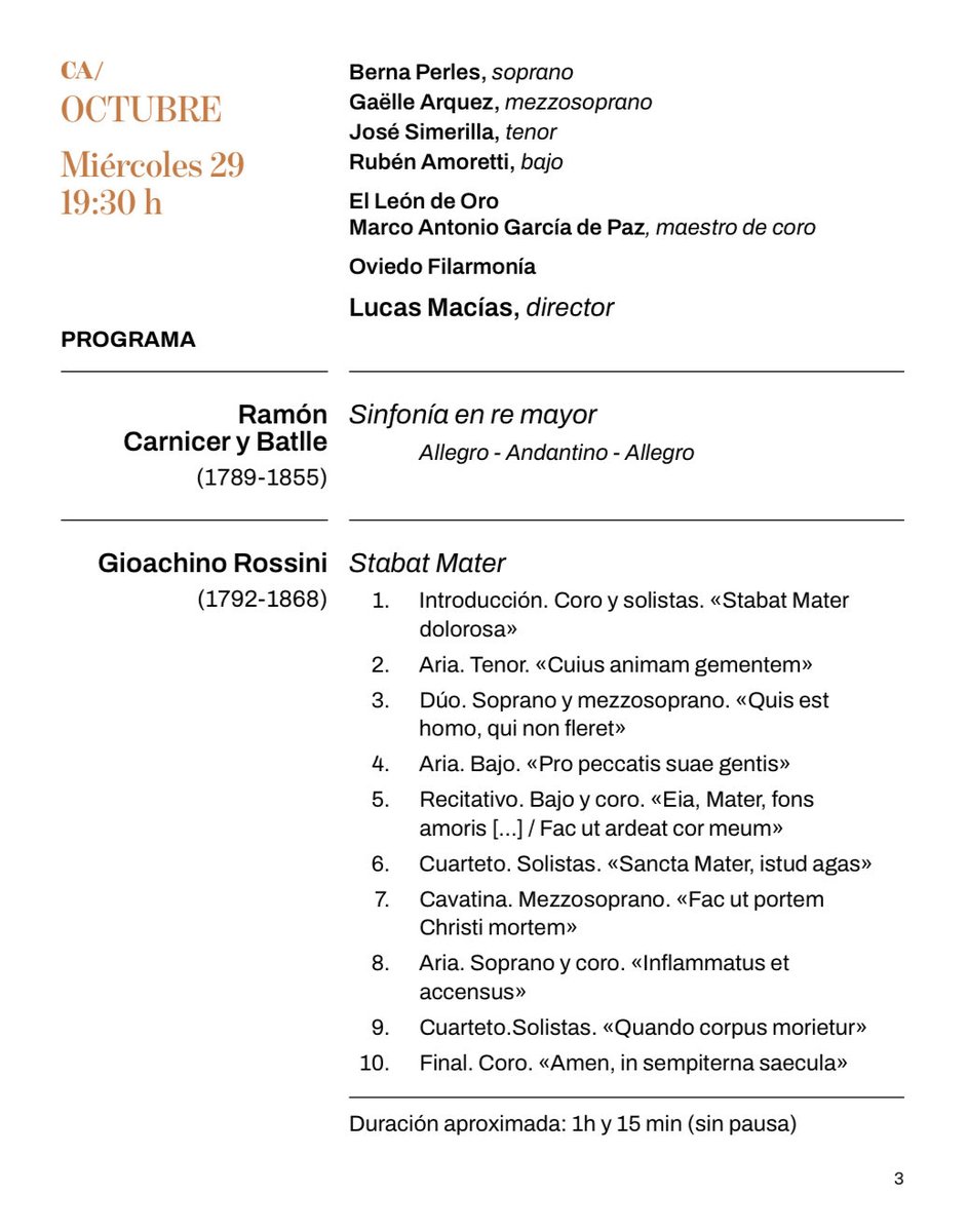 📅 Miércoles, 29 de octubre
📍 Auditorio Príncipe Felipe, 19:30h
🎵 Stabat Mater – Rossini
🎶 Sinfonía en re mayor – Ramón Carnicer
<a href="/OFIL_Orquesta/">Oviedo Filarmonía</a>
<a href="/elleondeoroLDO/">El León de Oro • LDO</a> 
#lucasmacias
<a href="/MarcoeLeonDeOro/">Marco Antonio García de Paz (MGP)</a>