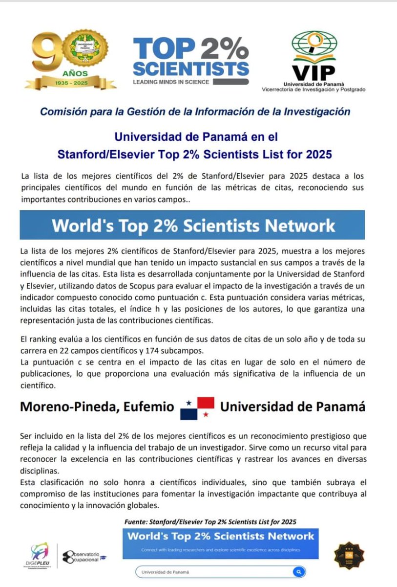 UNIVERSIDAD_PMA's tweet photo. El Dr. Eufemio Moreno, profesor de la UP en  FACINET, ha sido incluido en la Red del 2 % de los Mejores Científicos del Mundo. 🌎👏
Único panameño en esta lista elaborada por @Stanford y Elsevier.
📊 Basada en métricas de citaciones de Scopus.
@eflorescastro https://t.co/cgwPR2P3vg