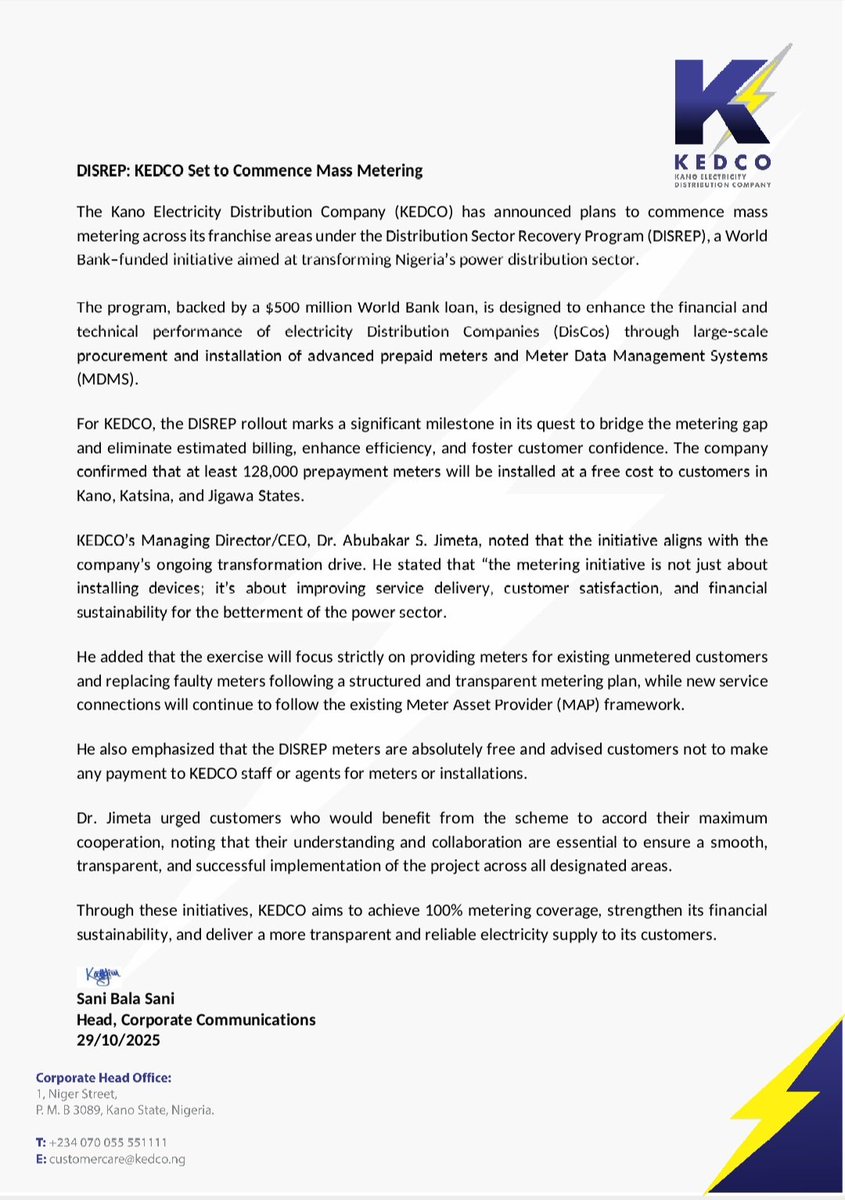 DISREP: KEDCO Set to Commence Mass Metering.