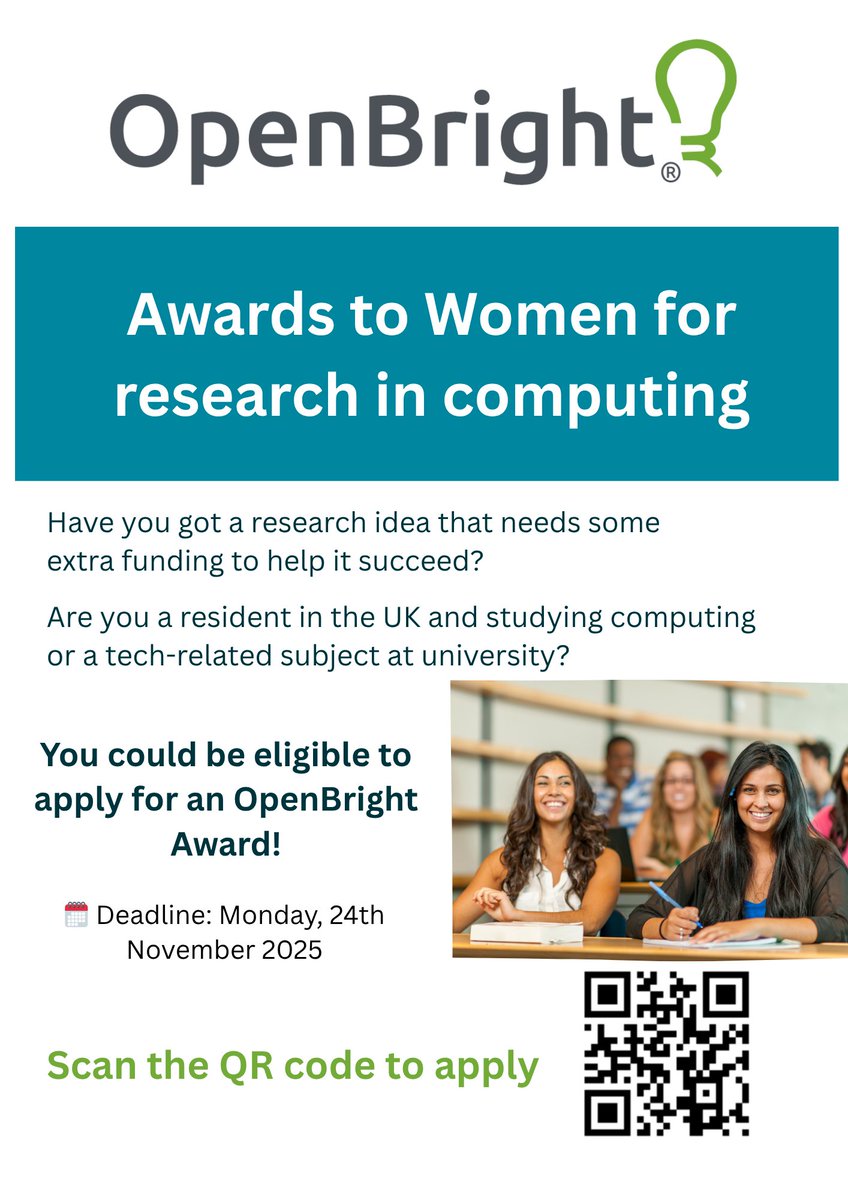 WLVCareers's tweet image. 🎉 Call for Awards Now Open! 🎉

🗓️ Deadline: Monday, 24th November 2025
📧 Contact: info@openbright.org.uk

Let’s celebrate and support women in tech!
Learn more &amp;amp; apply 👉 openbright.org.uk

#WomenInTech #ComputingResearch #OpenBrightAwards #STEM