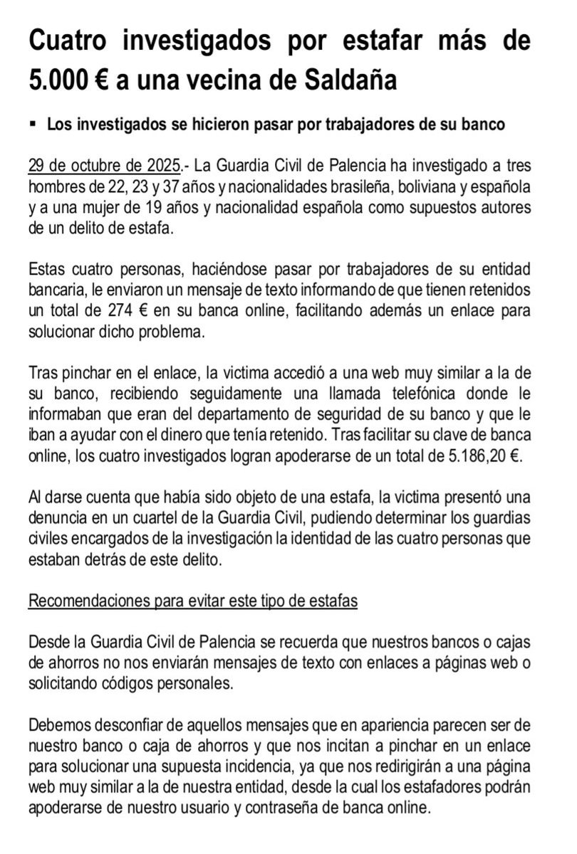 🚨 Cuatro investigados por estafar más de 5.000 € a una vecina de Saldaña

#guardiacivilpalencia 
#SeguridadCiudadana 
#estafa
