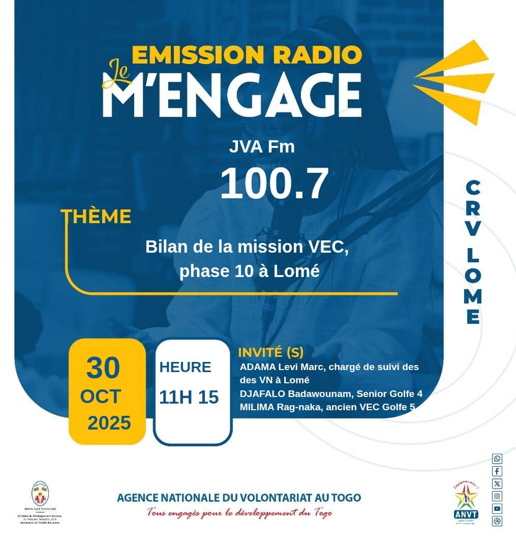 Ce 30 octobre sur la Radio JVA (100.7 FM), le CRV-Lomé vous donne rendez-vous pour faire le point sur la mission des VEC, phase 10.

Au menu : les principales réalisations durant ces 6 mois, la valeur ajoutée de cette mission pour les jeunes et leurs communautés.

#Emission
#ANVT