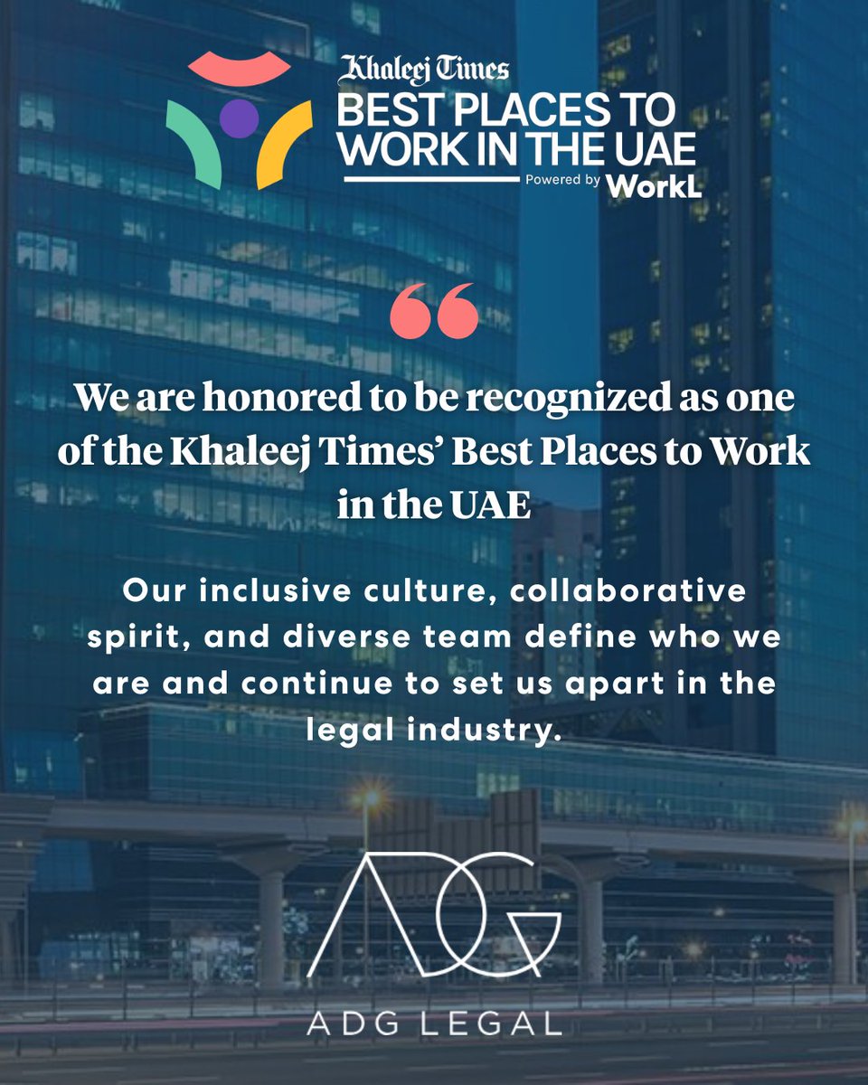 ADG Legal celebrates being named one of the Khaleej Times Best Places to Work in the UAE! 🇦🇪

There’s still time to enter, but don’t wait too long!

Enter before midnight on Friday 14th November 2025: workl.com/business/workp… 

#BestPlacesToWork #KhaleejTimes #UAE