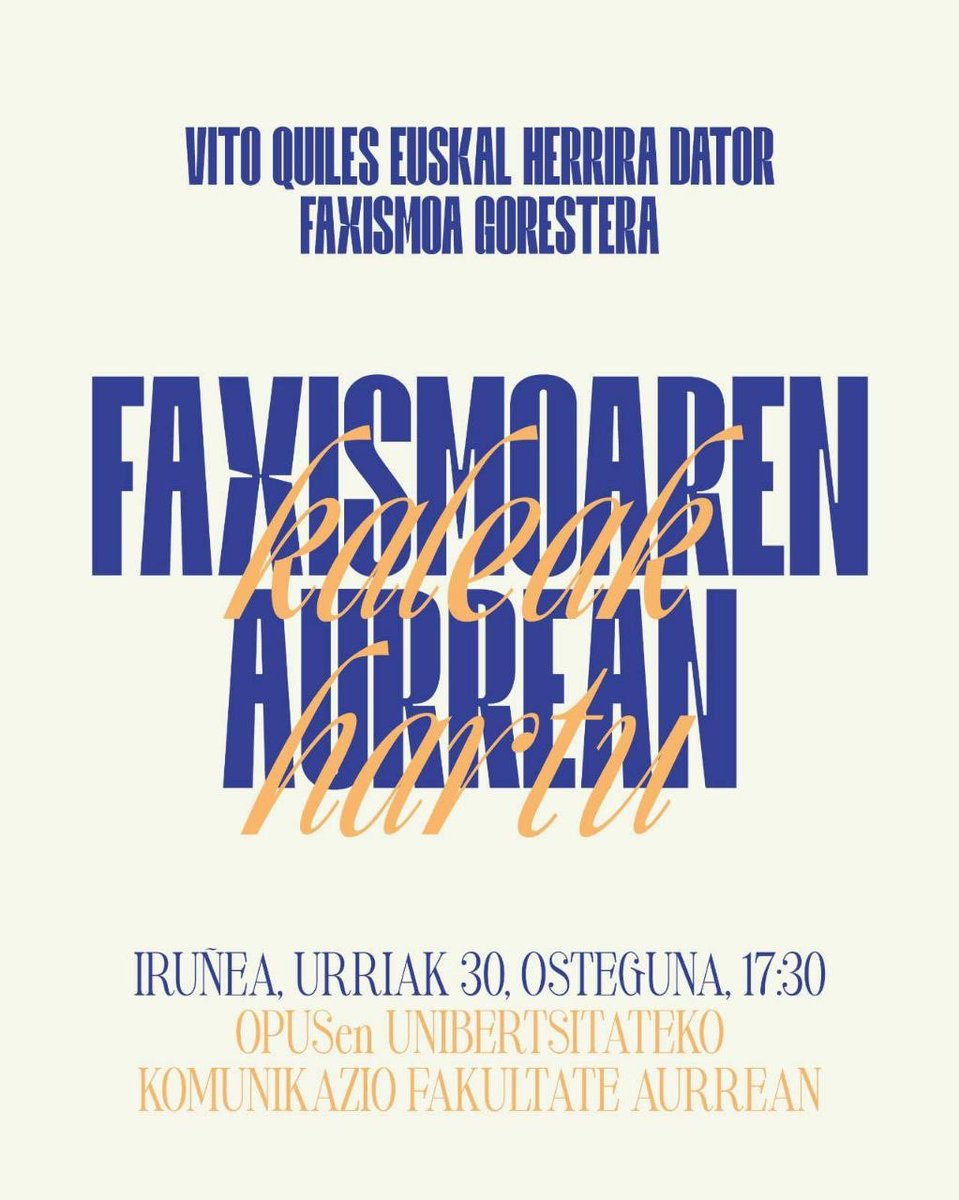 ErnaiNafarroa's tweet image. Ostegun honetan, urriak 30, Vito Quiles Euskal Herrira dator faxismoa gorestera. 17:30ean Opusen unibertsitateko Komunikazio fakultate aurrean mobilizatuko gara.

Faxismoaren aurrean, kaleak hartu!