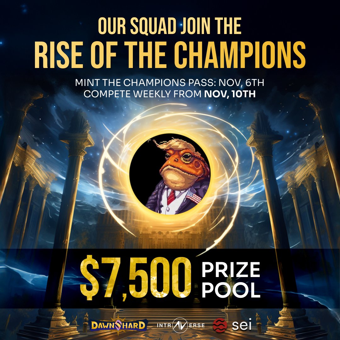 🐸💰 BIG NEWS, FRENZ 💰🐸
We’re hopping into the Rise of The Champions TCG tournament, $7,500 UP FOR GRABS ⚔️

🎁 5x Champion Pass (Rarity #4) giveaway!
✅ Follow <a href="/intraVerse_Game/">Intraverse</a> + <a href="/play_dawnshard/">Dawnshard</a>
✅ Like, RT &amp; tag 2 giga-frens 🐸🐸

Sharpen your decks 👉 playdawnshard.com