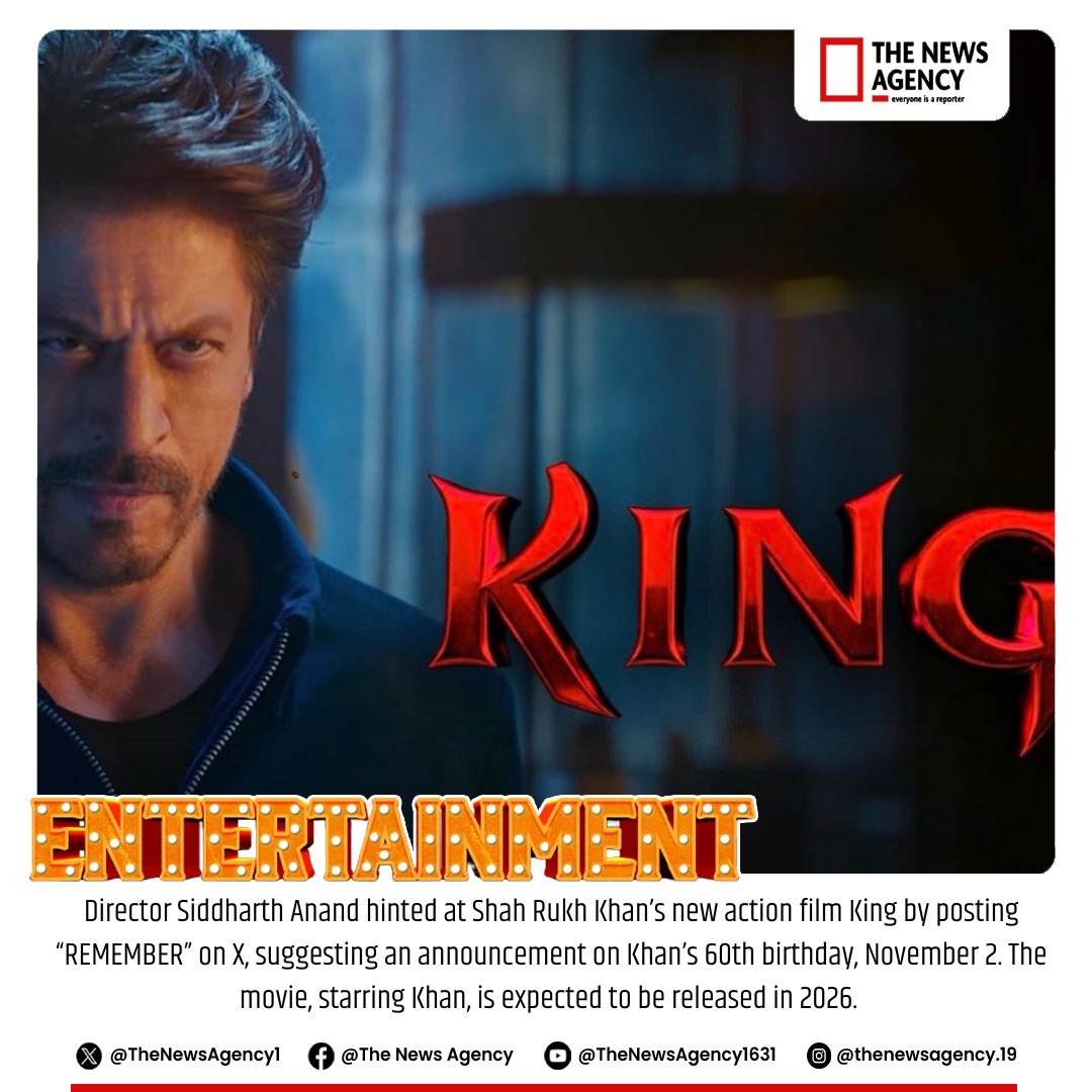 TheNewsAgency1's tweet photo. #King #ShahRukhKhan #KingIsComing
#KingReturns
#SRKKingReveal
#RememberKing02Nov
#King60BirthdayReveal
@iamsrk https://t.co/3mciOxqJg2