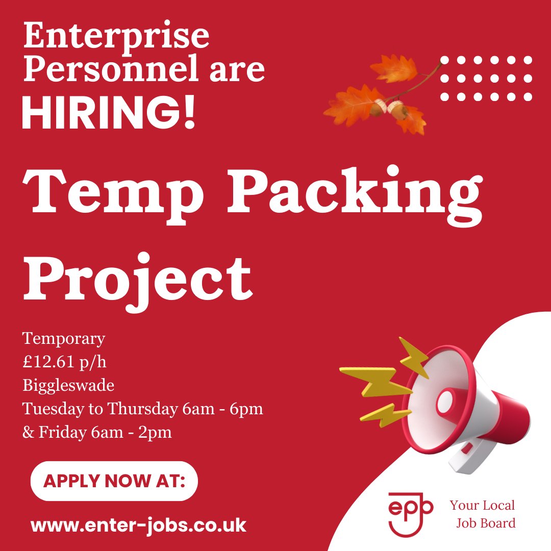 EnterJobs's tweet image. Enterprise Personnel&apos;s client are seeking individuals to work on a Packing Project in Biggleswade.
Apply now via our website!

#packingproject #temporarywork #temporaryjobs #packingoperative #packingproducts #tempwork #dayshifts #packingjobs #biggleswade #bedfordshire