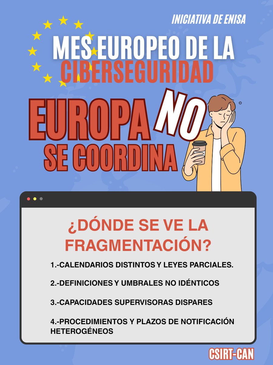 Tenemos que decirlo: en Europa hay un gran problema de coordinación institucional. Este mes de la ciberseguridad nos unimos a la iniciativa de <a href="/enisa/">enisa</a>  y  uno de los mayores retos más para el futuro es la falta de coordinación
#Europa #Ciberseguridad #ENISA