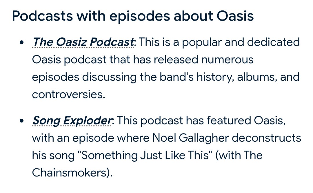 Hawkins_Kevin's tweet photo. I decided to ask Google for a good Oasis podcast to listen to, and couldn't believe what AI served me. I can't imagine a song Noel Gallagher would hate more than this. #ai #Oasis #oasislive25 https://t.co/wGgCbt9VFv