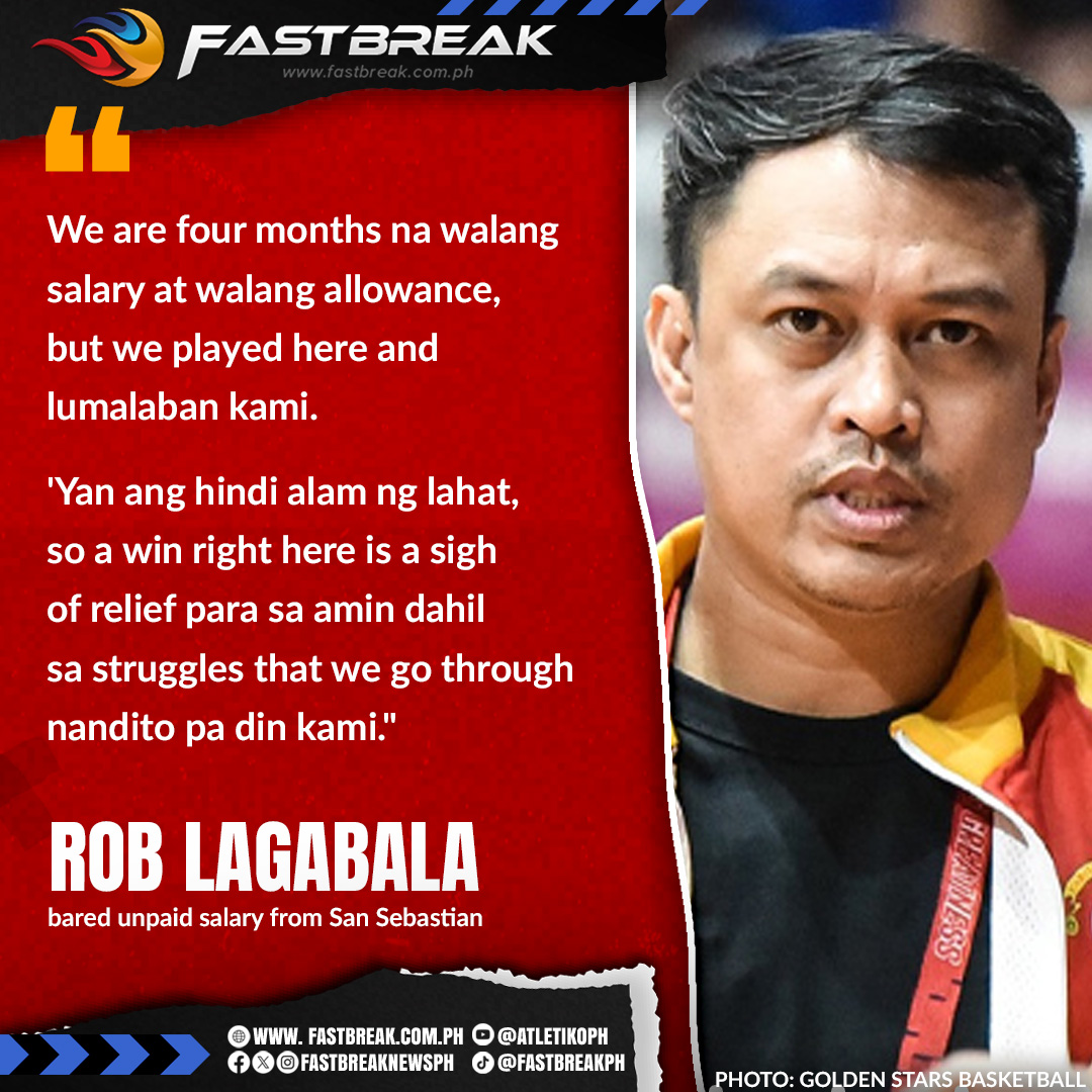fastbreaknewsph's tweet photo. LABAN KAHIT WALANG SWELDO 😞

San Sebastian College-Recoletos Golden Stags head coach Rob Labagala bared that they have been competing in the NCAA Season 101 men’s basketball tournament despite going four months without receiving their salaries or allowances. https://t.co/doIvDWz2l2