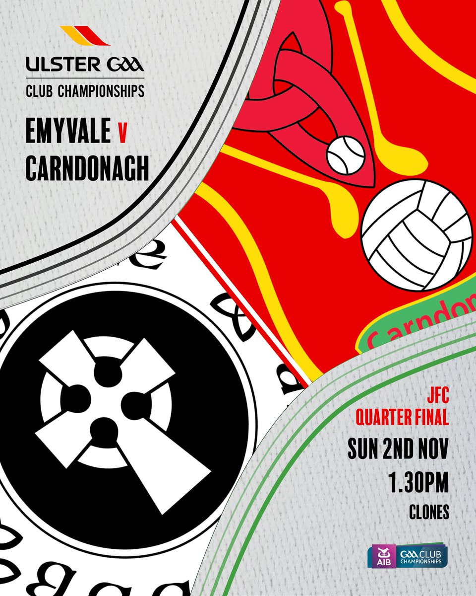 🏐 <a href="/AIB_GAA/">AIB_GAA</a> #UlsterClub2025 Junior Football Quarter Final🏆

<a href="/EmyvaleGAA/">Emyvale GAA</a> v <a href="/CarnGaa/">CLG Carndonagh</a> 
 
Sun 2nd Nov
Clones
1.30pm

📣 Tickets must be bought in advance
📣 All attendees must have a ticket
📣 No ticket sales at the venue

🎟️ Buy here ⤵️
universe.com/events/6900f27…

#ClubMeansMore
