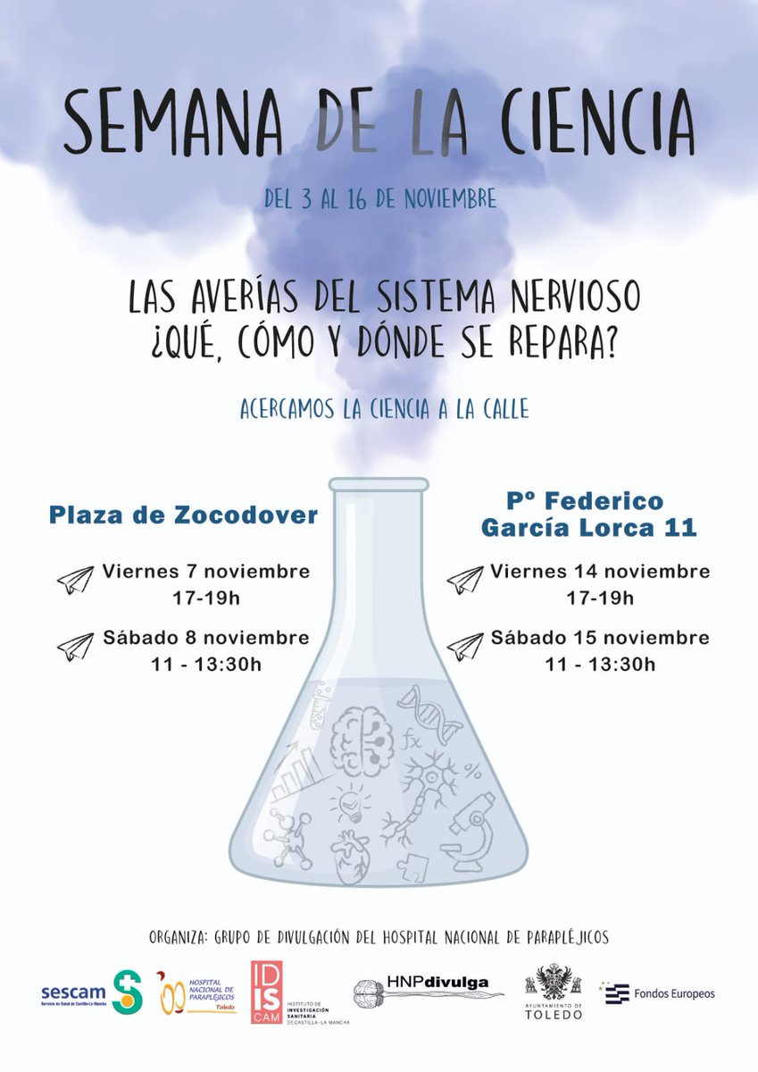 ¡Vuelve la Semana de la Ciencia! Apunta estas fechas en tu calendario porque los próximos días 7/8/14/15 de noviembre estaremos en Toledo divulgando sobre ciencia y el sistema nervioso 🧠🔬 ¡No te lo pierdas!
