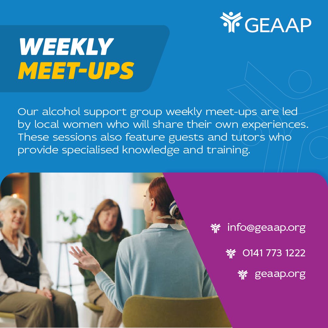 Our Women's Group supports women in Glasgow who are suffering from the effects of alcohol misuse.

To find out more about our support group or any of the other services we offer, don't hesitate to get in touch.

geaap.org
info@geaap.org
0141 773 1222