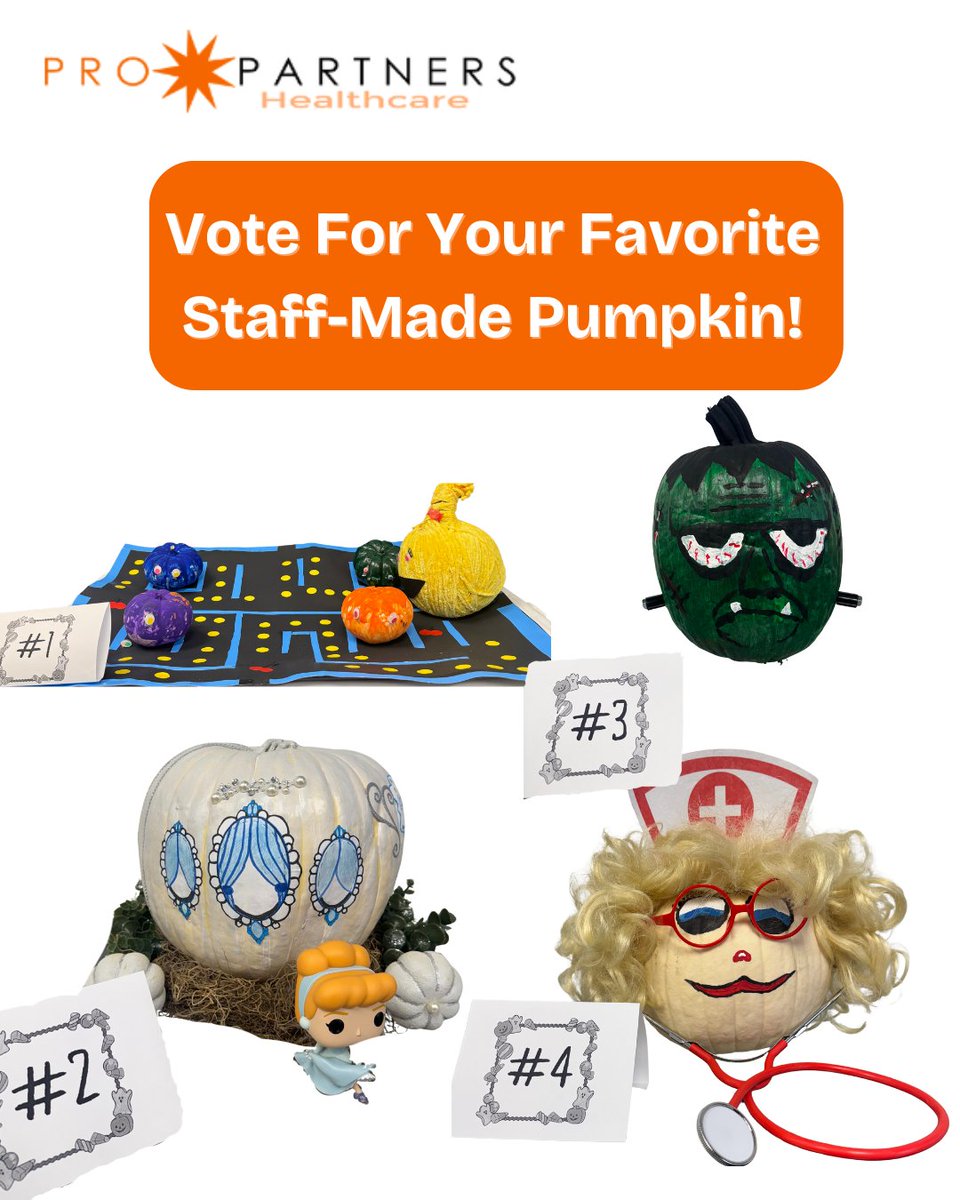 ProPartnersHC's tweet image. We’ve got 4 amazing pumpkins decorated by our incredible ProPartners team, and now it’s time to vote for your favorite! 

To vote, comment the number of the pumpkin you’re rooting for.

Thank you to all our talented staff who brought creative flair and fall fun to the contest 🍂