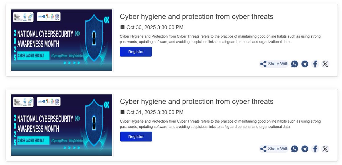 Join the #CyberJagritBharat movement!  
We invite all stakeholders to register for webinar on Cyber Hygiene and Protection from Cyber Threats, scheduled on 30.10.2025 and 31.10.2025 at 03:30pm, by tapping the following link- staysafeonline.in/awareness-seri…

<a href="/pddecc/">Principal Directorate Central Command</a>