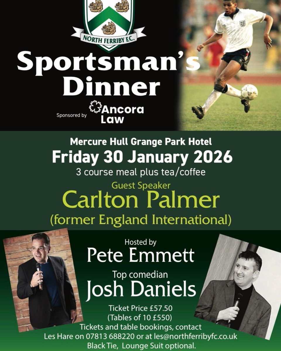The club is delighted to announce details of our 2026 Sportsman’s Dinner, sponsored by Ancora Law.

Hosted by the hilarious Pete Emmett, Our guest speaker is Carlton Palmer &amp; your line-up is completed by comedian Josh Daniels.

See attached for full details and how to book.