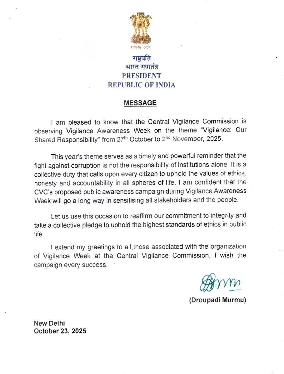 MIT_Updates's tweet image. Vigilance Awareness Week is one of the Participative Vigilance initiatives of the Central Vigilance Commission (CVC) in the fight against corruption. This year&apos;s theme is:
“सतर्कता: हमारी साझा जिम्मेदारी”
“Vigilance: Our Shared Responsibility”

#mit_csn
