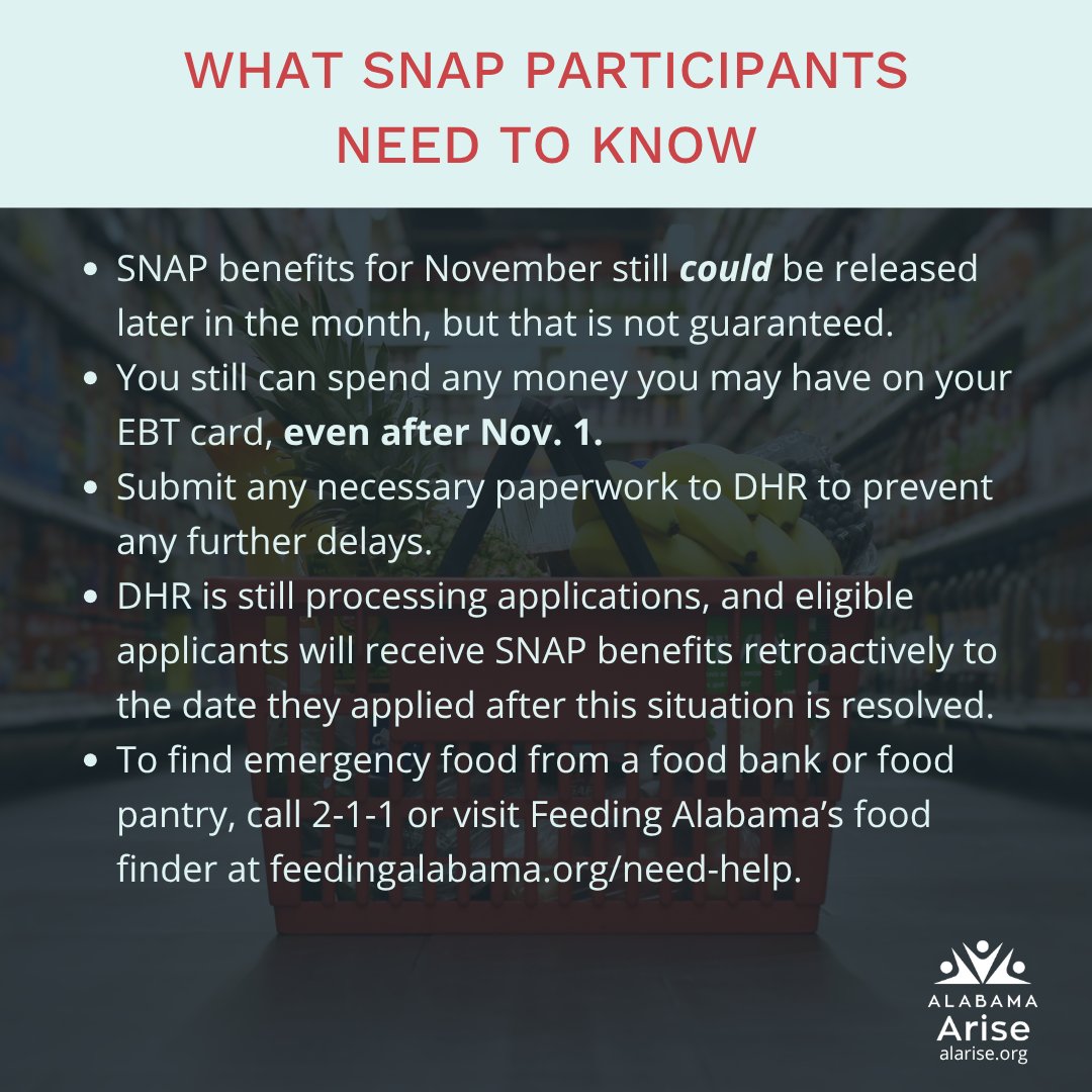 AlabamaArise's tweet photo. The USDA is delaying issuing SNAP benefits for November. Learn how your family and friends across Alabama may be affected, what this delay means for SNAP participants and how you can advocate to reverse this harmful decision. #alpolitics https://t.co/Lh48Griuxb https://t.co/I7oCn7N6bE