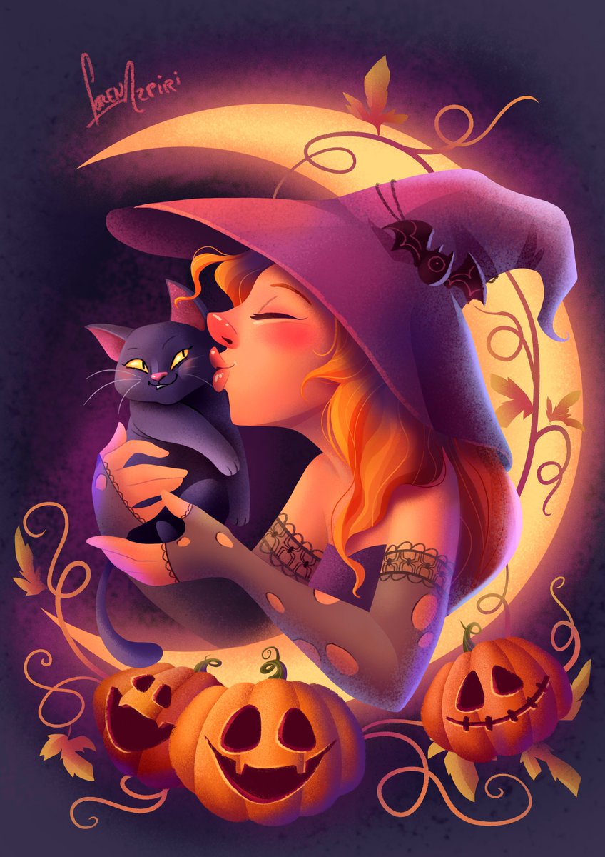 Quería hacer una de las brujitas de este mes en digital, y una foto de una chica dando un beso a un gato inspiró esta ilustración. El vínculo de una bruja con su gato es irrompible! #Halloween