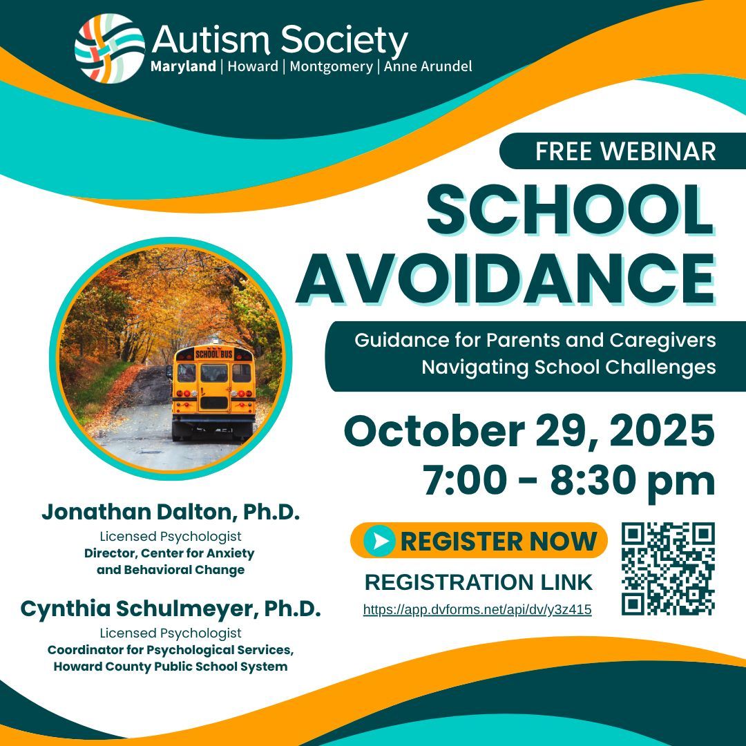 Join us TONIGHT!
School Avoidance Webinar
Wed, Oct 29 | 7–8:30 PM | Virtual via Zoom

Join Drs. Dalton &amp; Schulmeyer to learn about school avoidance in autistic students, strategies for support, &amp; partnering with schools.

Register: buff.ly/V3UQlxJ