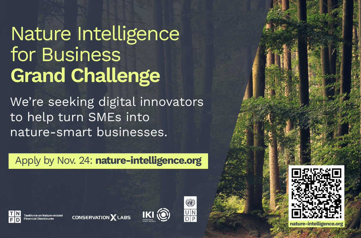 UNDPplanet's tweet image. With $100,000+ in prizes, @conservationx @TNFD_ @UNDP issue a global call for digital tools that empower small and medium-sized enterprises #ForPeopleForPlanet.

Apply now to turn your AI, data, or tech solution into a driver of sustainability: nature-intelligence.org