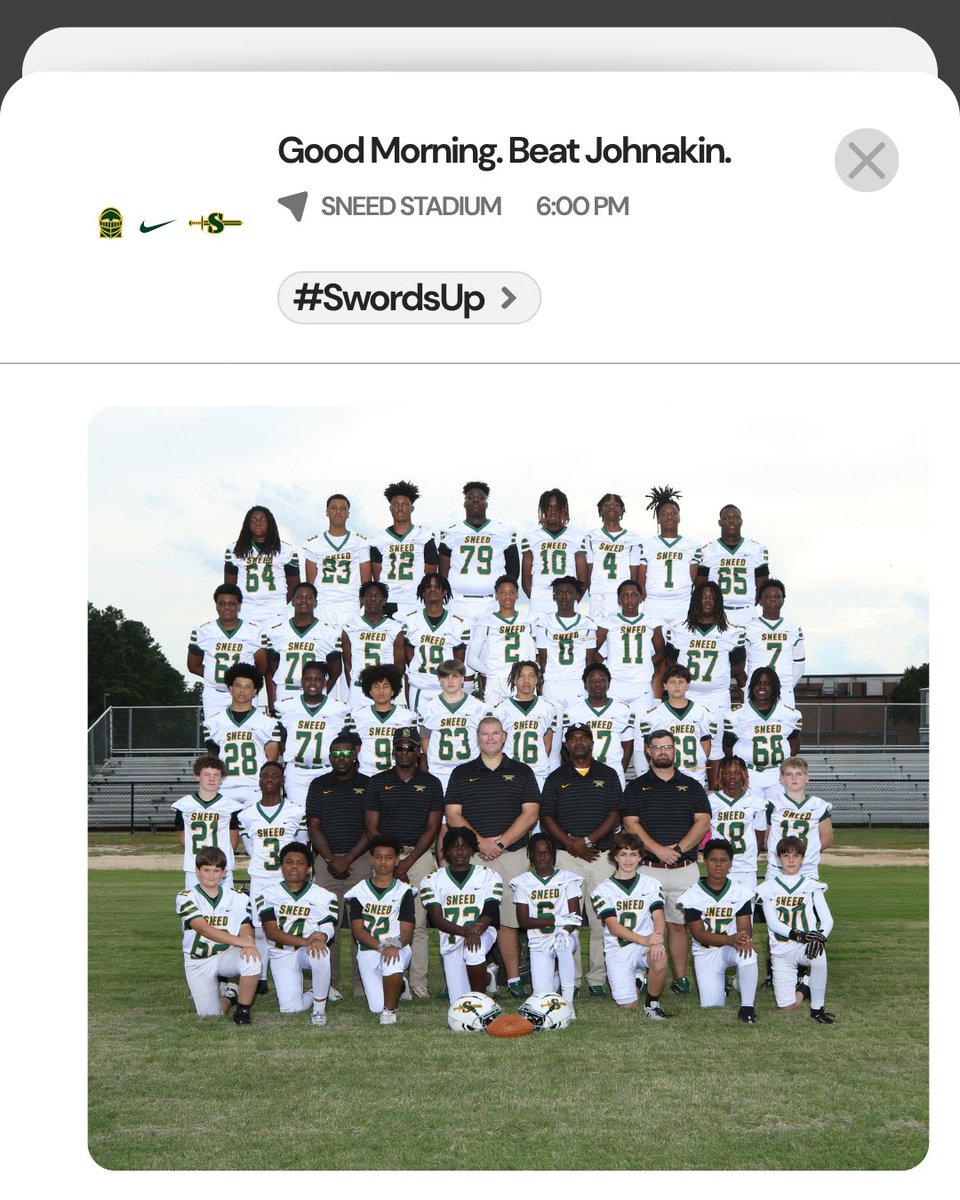 It's a POSTSEASON GAMEDAY, Squires!! Come support our student-athletes this evening!! Tickets are ON SALE NOW!! 💚💛⚔️🏈 #SwordsUp 

Go to sneed.f1s.org/athletics to purchase tickets. 
Please adhere to our Clear Bag Policy. 
All students MUST BE ACCOMPANIED BY AN ADULT.