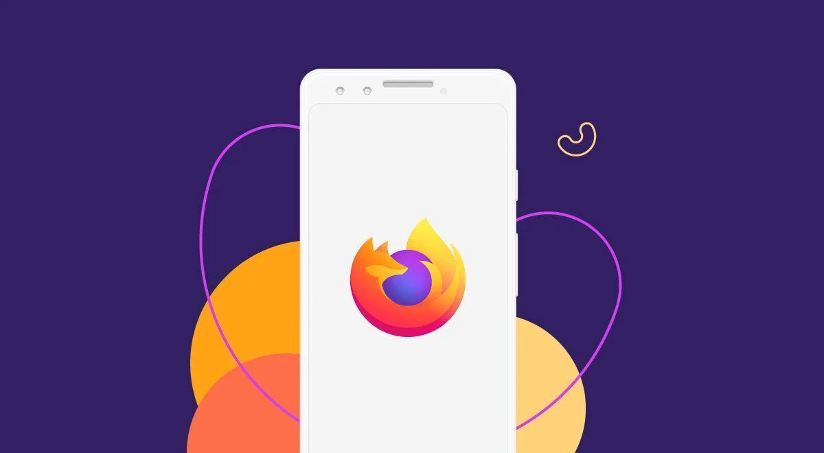Firefox browser logo displayed on a white smartphone with a purple background accented by overlapping yellow and orange circles.