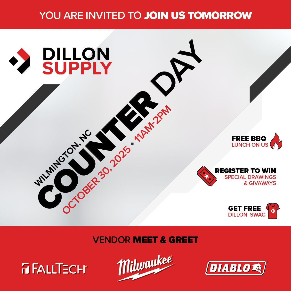 DillonSupply's tweet image. Come out #TOMORROW Oct 30th, 11am-2pm @DillonSupply #WilmingtonNC for our #CounterDay !
Meet &amp;amp; Greet @FallTech @MilwaukeeTool &amp;amp; @DiabloTools  Enjoy #BBQ #Lunch on us! #EntertoWin Special #Drawings &amp;amp; #Giveaways &amp;amp; Get #Free Dillon #Swag !