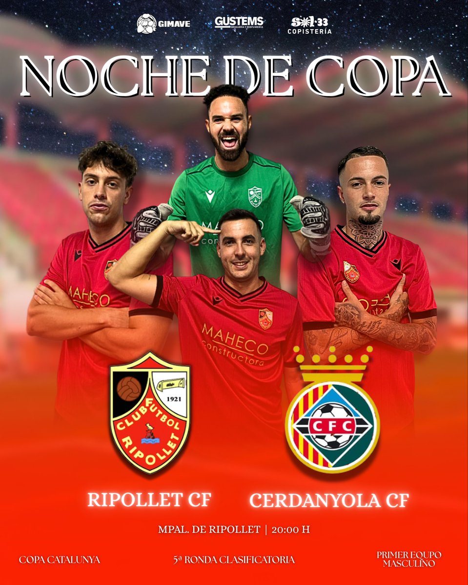 𝐍𝐎𝐂𝐇𝐄 𝐃𝐄 𝐂𝐎𝐏𝐀 𝐄𝐍 𝐄𝐋 𝐌𝐔𝐍𝐈𝐂𝐈𝐏𝐀𝐋

📣Es el momento de juntarnos, de que nos escuchen en todo el Vallés y que vean la fuerza de este equipo y de este club.

#VamosRipo somos uno🔥

#CFRipolletdesde1921 #CopaCatalunya #FCF <a href="/FCF_CAT/">Federació Catalana de Futbol</a> <a href="/CERDANYOLAFC/">CERDANYOLA VALLÈS FC 💚</a>
