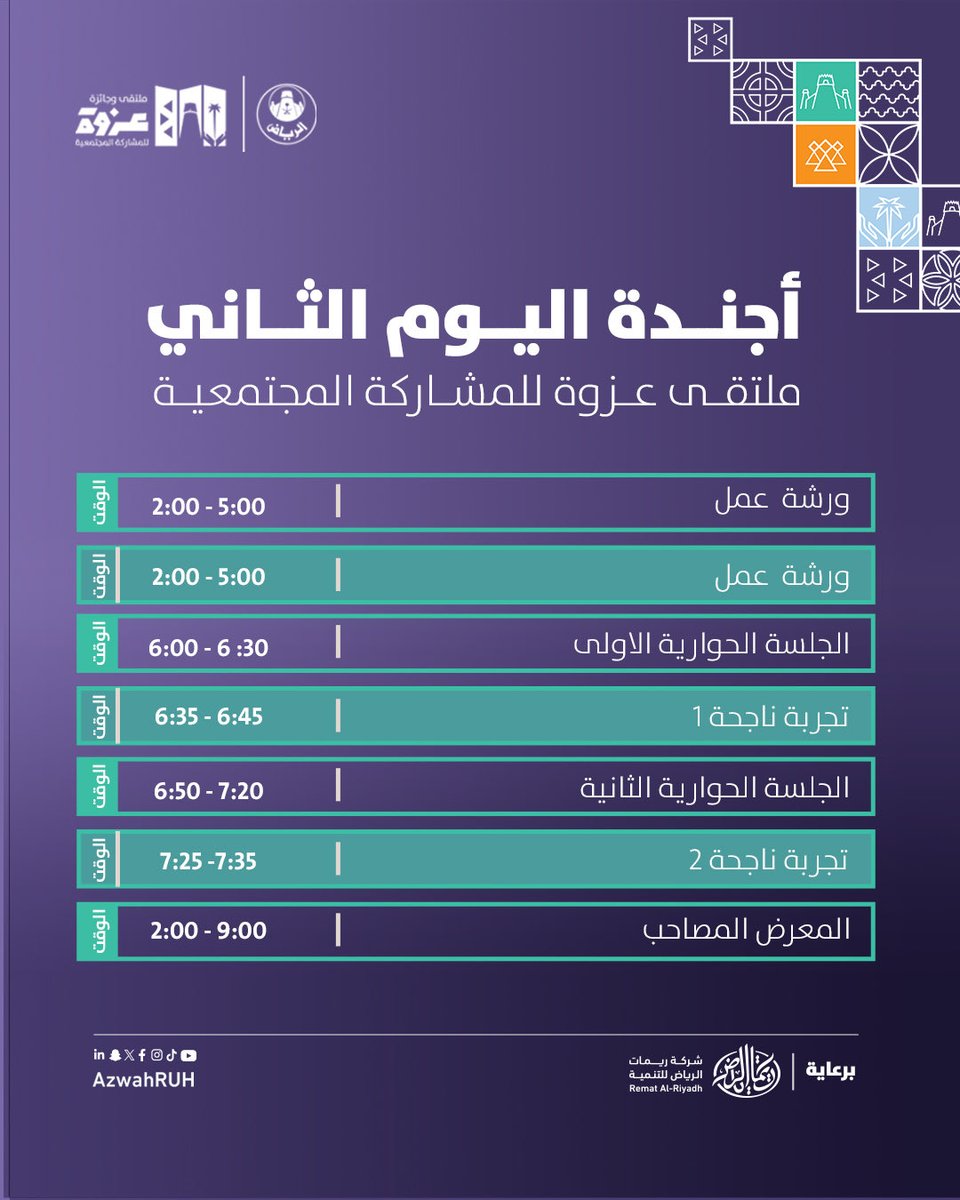 اليوم الثاني من #ملتقى_عزوة
يبدأ أعماله بحضور نخبة من المهتمين والمختصين في مجالات العمل التطوعي والتنمية الحضرية. 

#أمانة_منطقة_الرياض | #أثرك_مسؤولية