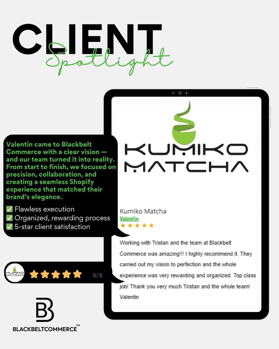 BBCommerce2017's tweet image. 💬 Client Spotlight: Kumiko Matcha
Seamless design. Flawless execution. 5-star satisfaction.
📩 Ready to bring your Shopify vision to life? Let’s build it.

#KumikoMatcha #BlackbeltCommerce #ShopifyExperts #EcommerceSuccess