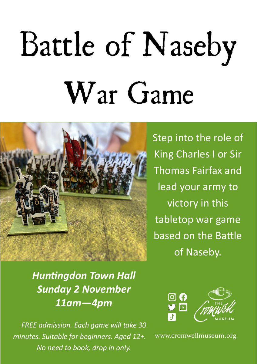This Sunday, step into the role of King Charles I or Sir Thomas Fairfax and lead your army to victory... ⚔️ Join us at Huntingdon Town Hall between 11am - 4pm on Sunday 2 November and take part in a Battle of Naseby table top war game, created by two of our talented volunteers.