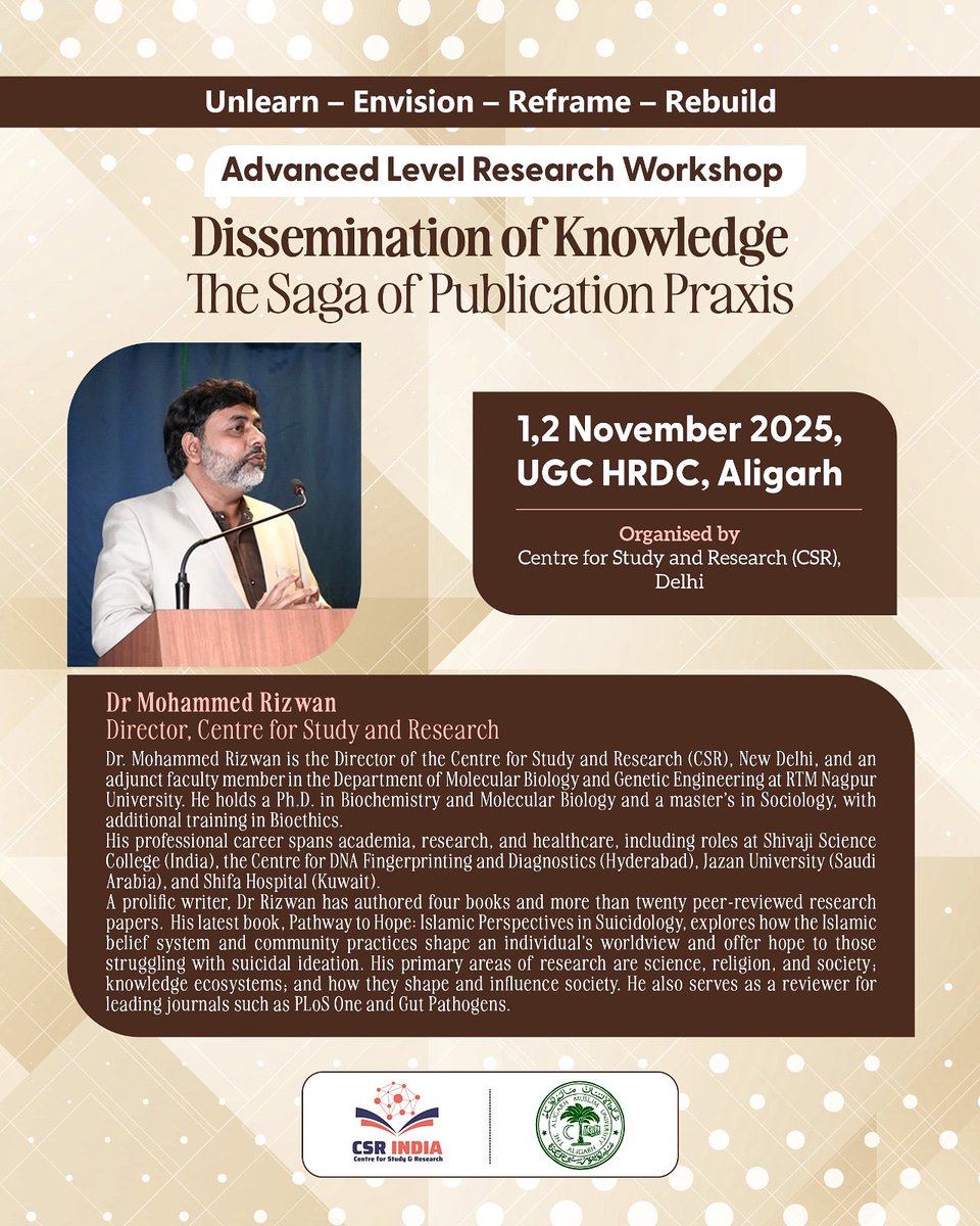 CenterForStudy1's tweet image. We are pleased to announce that Dr. Mohammed Rizwan, Director of the Centre for Study and Research, will deliver a lecture titled Dissemination of Knowledge: The Saga of Publication Praxis